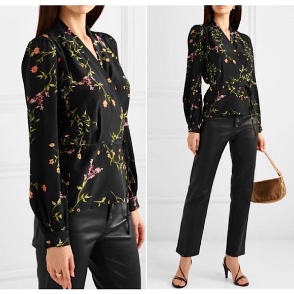 NWT L’AGENCE Silk Floral Print Shawl Collar Long Sleeve Tie Waist Wrap Blouse S - Picture 2 of 6